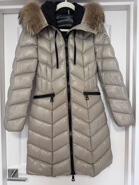Moncler Women's Light Beige Down Puffer Coat with Fur-Trim Hood